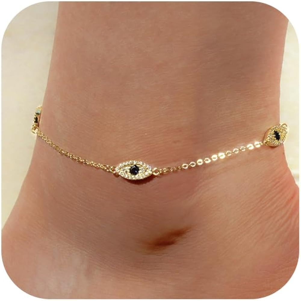 Ankle Bracelets for Women 14K Gold Silver Plated Anklets for Women Waterproof Boho Evil Eye Pearl... | Amazon (US)