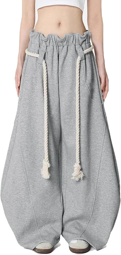 Women Baggy Barrel Sweatpants Rope Belt Elastic Waisted Casual Wide Leg Pants Oversize Lantern At... | Amazon (US)