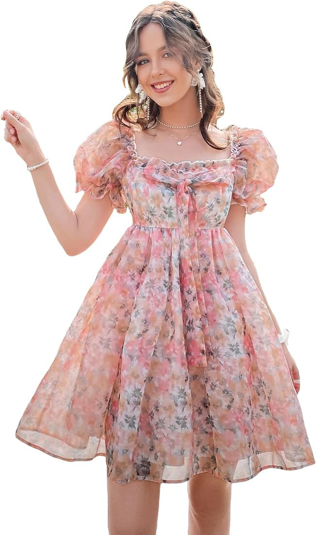 WDIRARA Women's Floral Print Square Neck Bow Puff Sleeve High Rise Flare Organza Dress | Amazon (US)