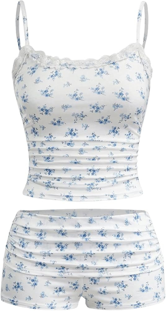 SHENHE Women's Plus Size Y2k 2 Piece Set Loungewear Floral Camisole and Low Rise Shorts Set | Amazon (US)