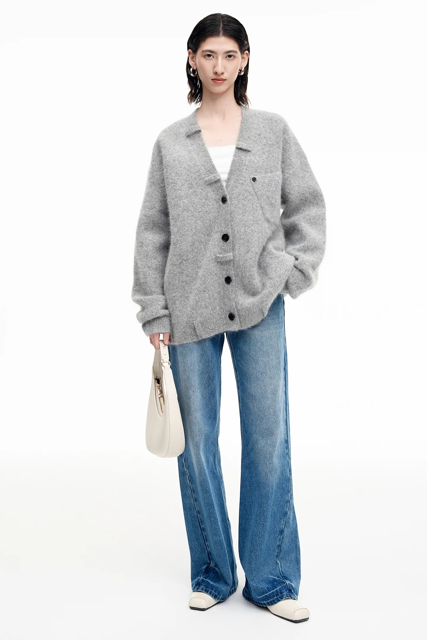 SELFWHO Angora rabbit hair and wool blend gray V-neck knitted cardigan | SELFWHO