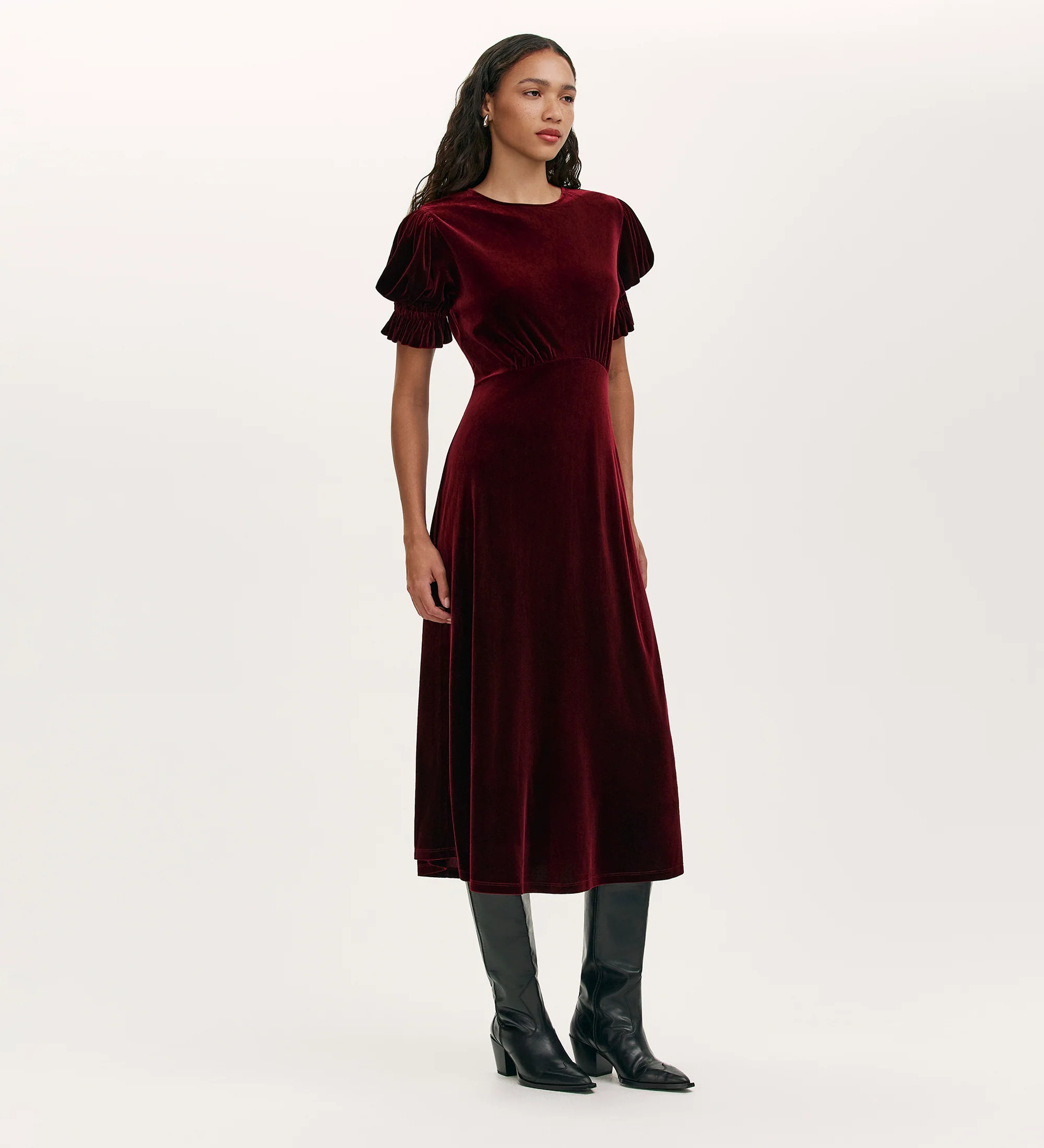 Mela Burgundy Velvet Midi Tea Dress | Finery London - UK
