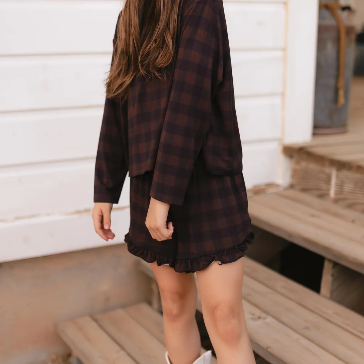 Girl's Long Sleeve and Ruffle Shorts Set in Brown Gingham | Silks Design