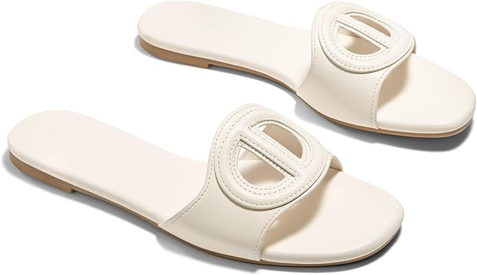 Coutgo Womens Dressy Flat Sandals Open Toe Slip on Leather Summer Beach Slide Sandals | Amazon (US)