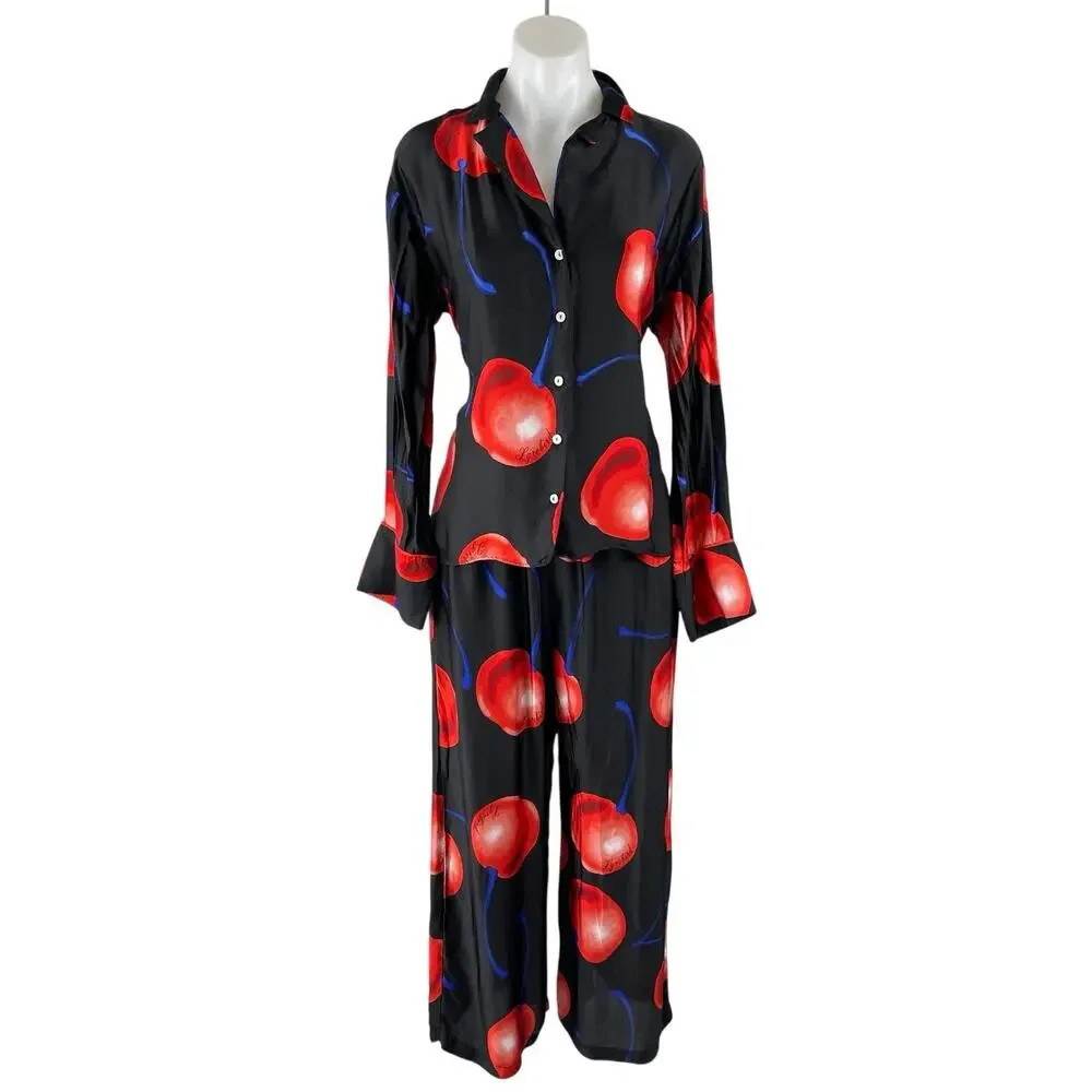 Anthropologie LyreBird Silky Cherry Long Sleeve Wide Leg Pajama Sleepwear Set XS | Poshmark