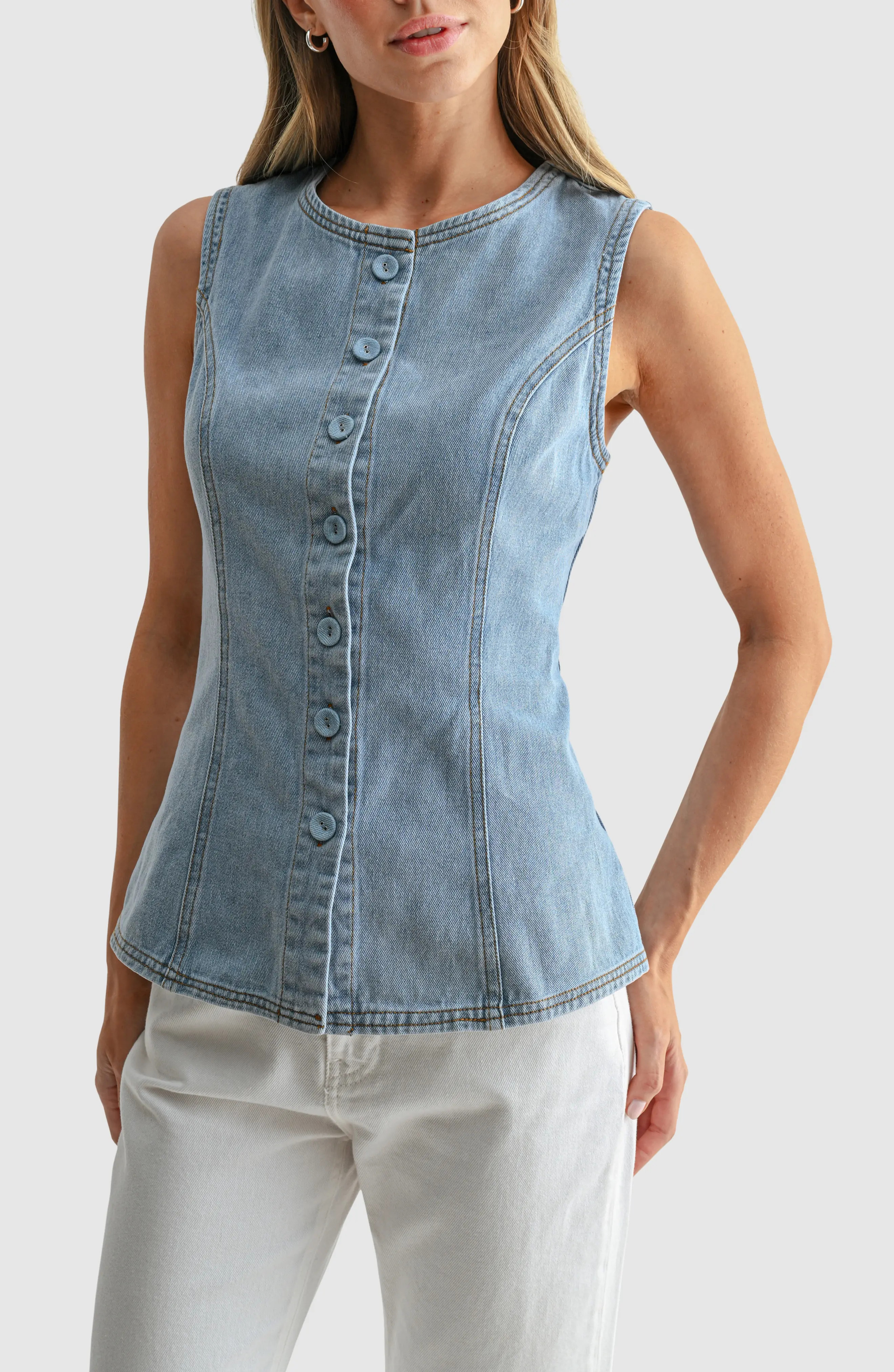 All in Favor Button Front Denim Vest at Nordstrom, Size Medium | Nordstrom