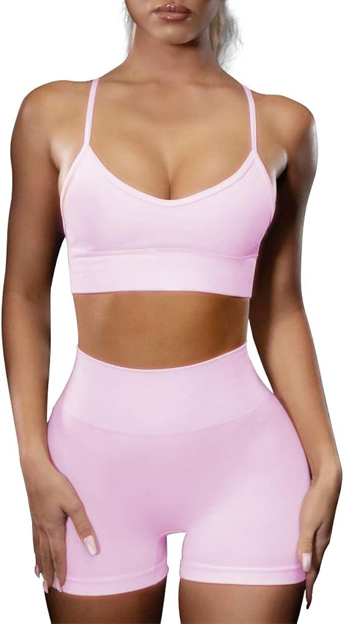 HANERDUN Yoga 2 Piece Outfit Workout Gym High Waist Leggings with Sport Bra Set for Women Pink | Amazon (US)