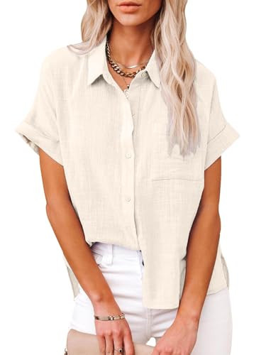 Womens Casual Cotton Linen Button Down Short Sleeve Shirts Solid Summer Beach Blouses Tops with Pocket Apricot | Amazon (US)