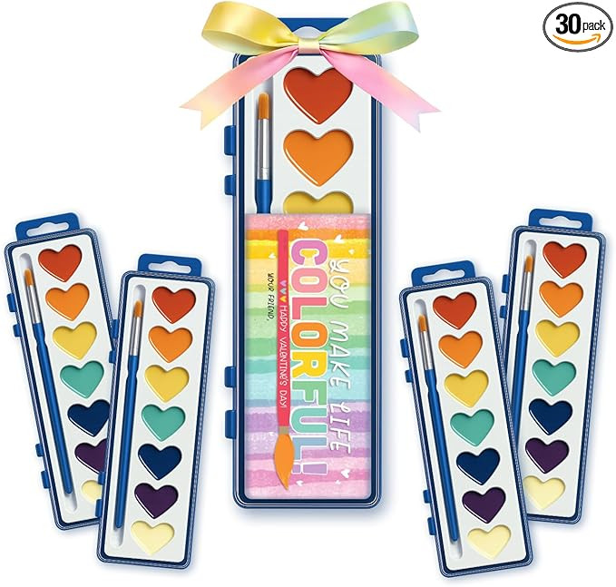 30 Pack Kids Valentines Day Gifts – Watercolor Paint Sets with Gift Tags & Ribbon, Classroom Va... | Amazon (US)