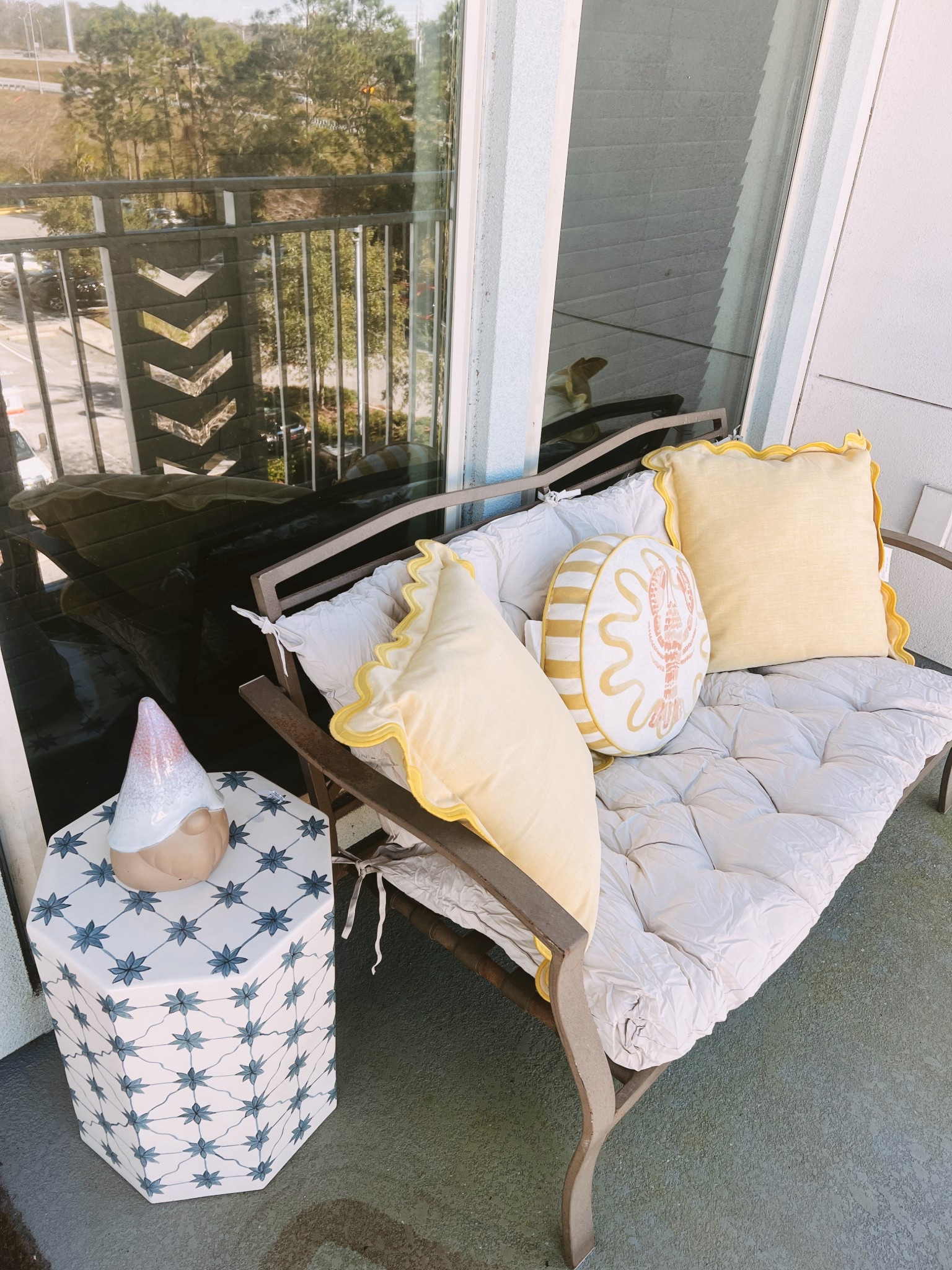 outdoor apartment balcony space 🏡 a lil home for my gnome if you will

thrifted the bench, amazon bench seat, Target pillows, gnome, & ceramic side table

I’m hoping my Amazon bench seat unwrinkles a bit 🙈 but it will do for now!

a perfect place for me to listen to podcasts, drink my coffee, & overlook the Florida sunsets ☀️

#LTKSeasonal #LTKdayinmylife #LTKHome
