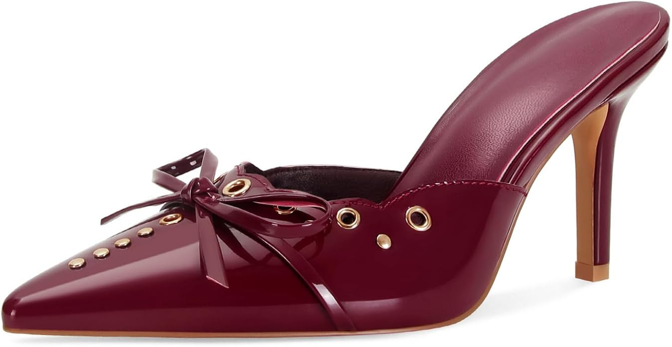DOEYG Women Pointed Toe Bow Heels Mules Slip on Stiletto Heels Sandals Dress Party Wedding Studde... | Amazon (US)