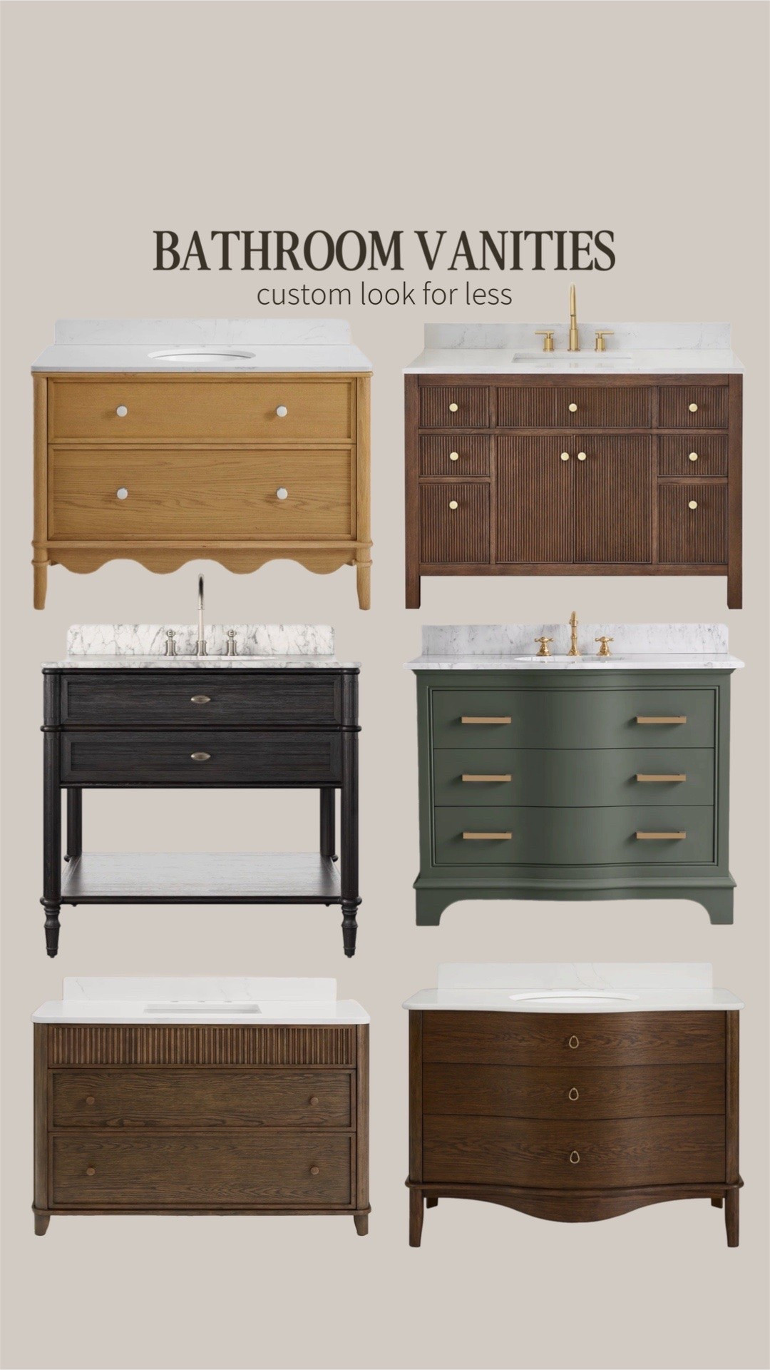 Bathroom Vanities I’m loving. Linked more than shown. If you see a time you like, it most likely comes in several sizes & finishes. 

Bathroom, vanity, Reno, custom look for less, scalloped, oak, read it, fluted, curved, remodel, bath, sink ￼

#LTKHome #LTKSaleAlert