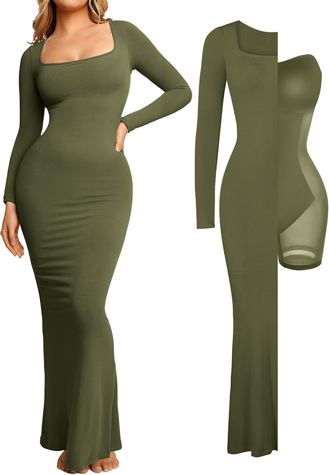 Popilush Long Sleeve Maxi Dress Bodycon Cocktail Dress Shapewear Tummy Control Fall Formal Dresse... | Amazon (US)