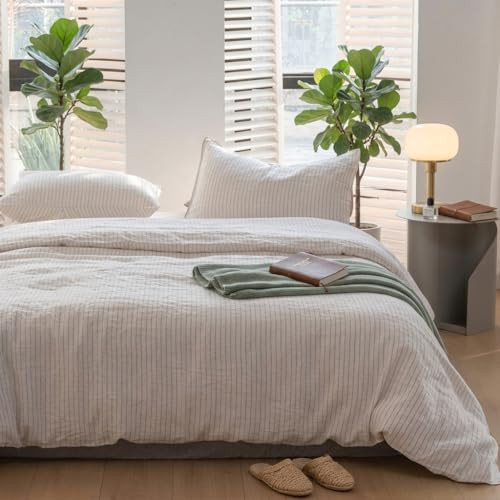 Simple&Opulence 100% Linen Striped Duvet Cover Queen 3pcs, Yarn Dyed Vertical Pinstripe Ticking Pattern Natural French Washed Flax Breathable Farmhouse Bedding - Cinnamon Stripe | Amazon (US)