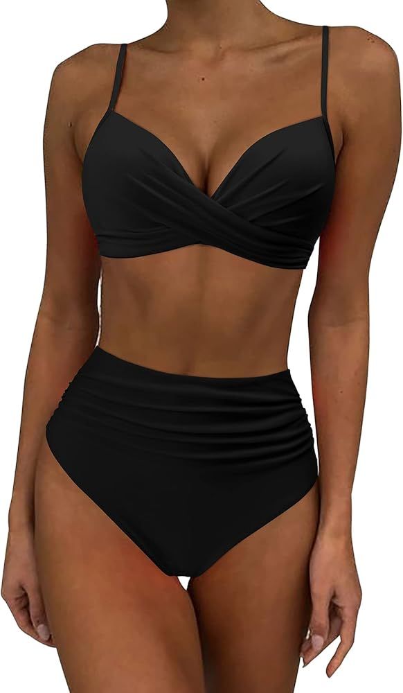 KUNISUIT Women Criss Cross Bikini Set High Waisted Swimsuit Push Up 2 Piece Bathing Suit | Amazon (US)