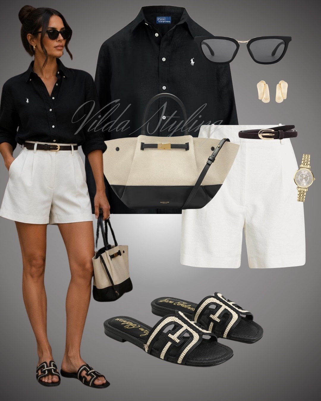 Effortless, chic, and always a classic. There’s something so powerful about a black and white ensemble. Whether you're heading to brunch or a coastal getaway, this look strikes the perfect balance between sophisticated and relaxed.
Here is how to put this refined outfit together:
 The Foundation: A sharp black button-down paired with tailored white shorts.
 The Accessories: A two-tone structured tote bag that perfectly complements the color palette.
 The Details: Gold-toned accents, including elegant earrings and a timepiece, add a touch of polish.
 The Finish: Comfortable yet stylish black slides for an easy, high-end feel.
 Final Touch: A pair of sleek sunglasses to complete the look.
This is definitely my go-to "quiet luxury" vibe for the season. What do you think of this black and white pairing?
#classicstyle #blackandwhiteoutfit #quietluxury #summerchic #ootd #ltkfashion #timelessstyle #refinedstyle #villastyling

#LTKsummer #LTKworkwear #LTKstyletip