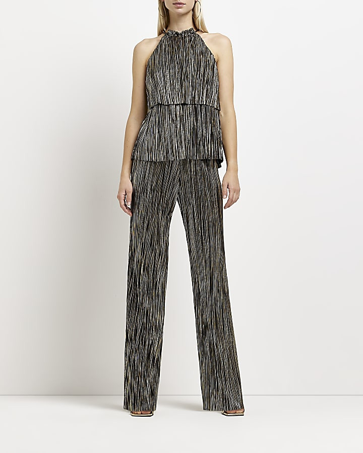 Brown metallic plisse wide leg trousers | River Island (UK & IE)