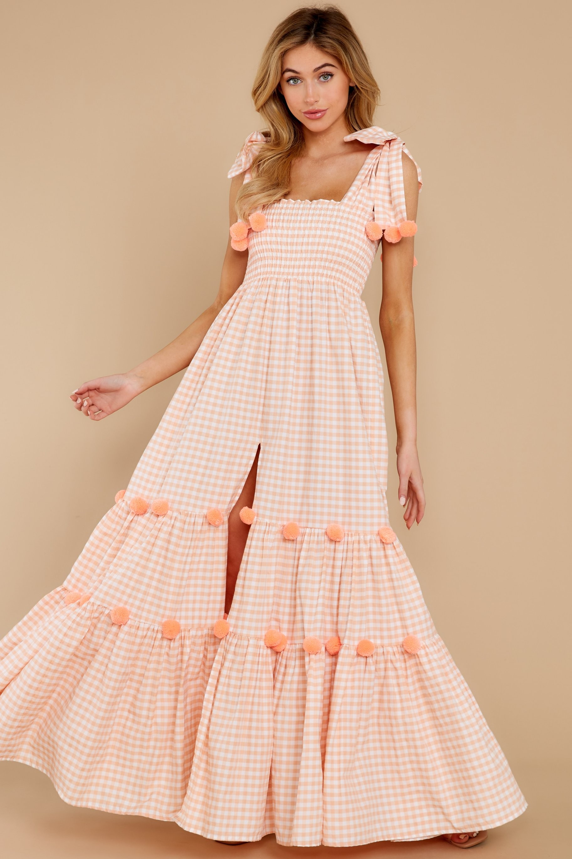 Pippa Long Gingham Peach Maxi Dress | Red Dress 