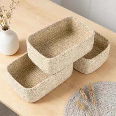 Small Woven Storage Basket Set Of 3, Handwoven Natural Cotton Rope Organizer Bins With Handles For Shelves, Closet, Nursery, And Home Decor | Wayfair North America