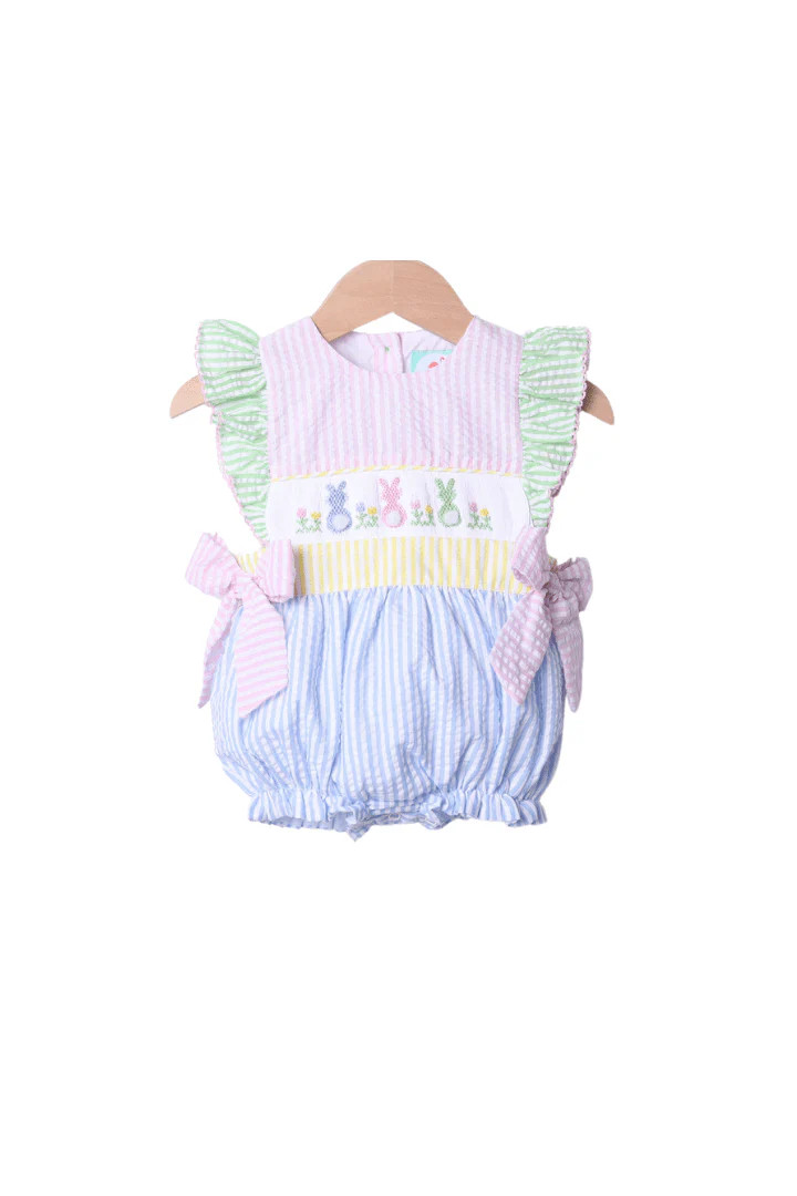 Smocked Seersucker Color Block Bunny Bow Bubble | The Smocked Flamingo