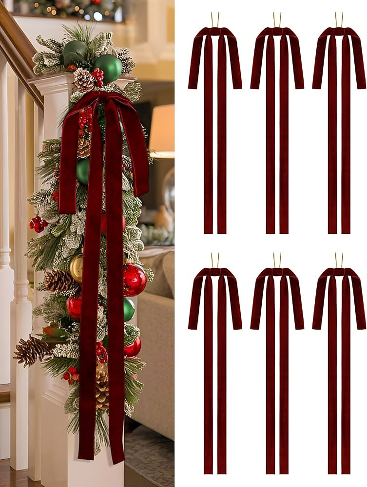 SIMISI RIBBON Burgundy Long Velvet Bows Ornaments for Christmas Tree, Wreath, Garland, Swag, Stai... | Amazon (US)