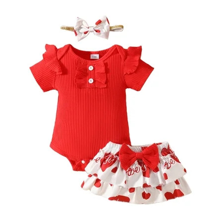 Toddler Kids Baby Outfits Valentine s Day Cartoon Love Heart Letter Printed Outfit Girls Short Sleeve Ribbed Romper Bodysuit Heart Prints Ruffles Shorts Outfits For Child | Walmart (US)