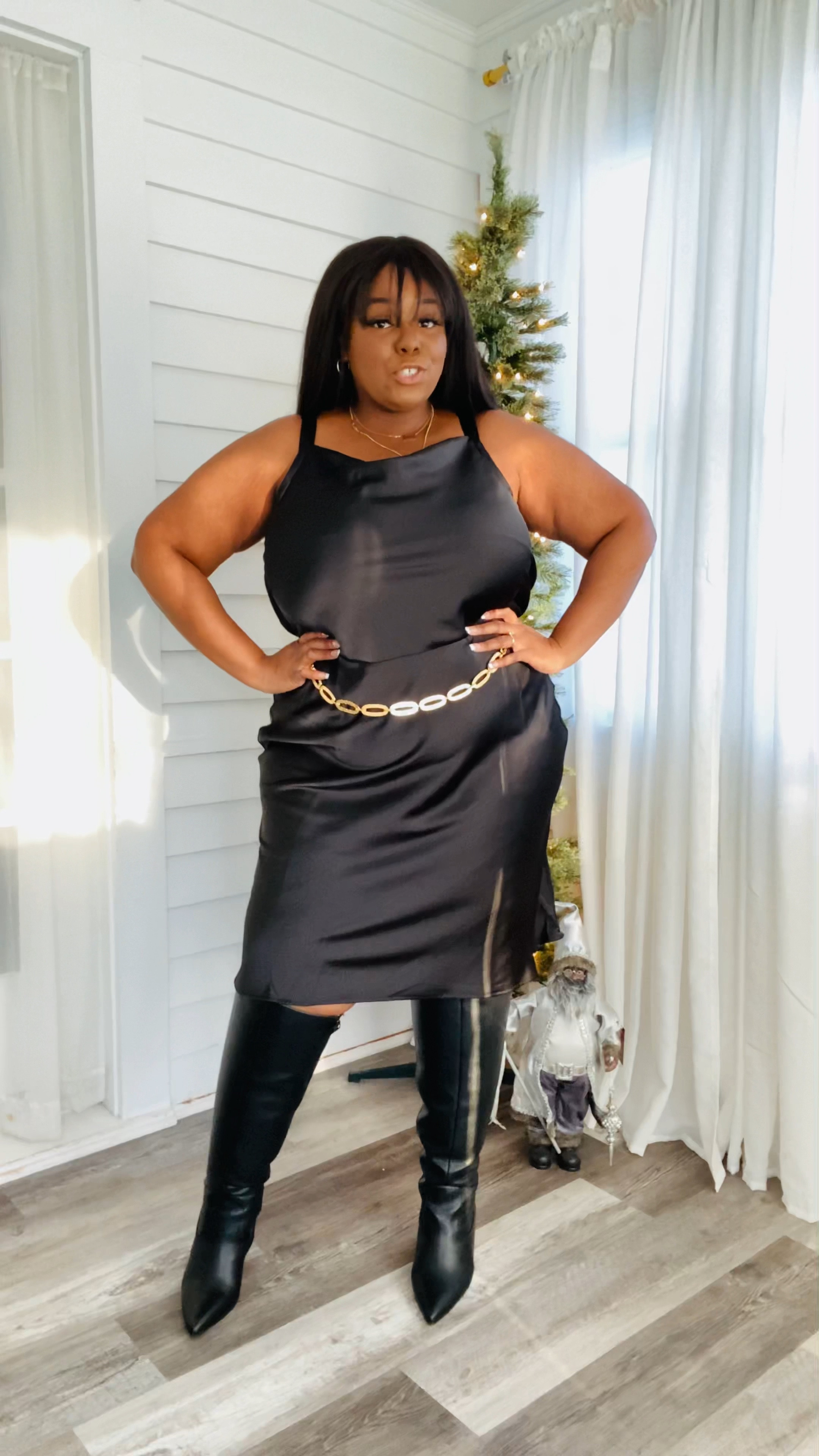 ✨Hey Lous! ✨Tonight’s the night! Let’s watch the ball drop in style! 🤩@targetstyle the girls need this dress! 🤩 #nyeoutfit #nyeoutfitideas #targetstyle 

Dress: @target 
Duster: @standardspractices 
Boots: @fashiontofigure 
Bag: @nlthelabel 
Belt: @byashleystewart