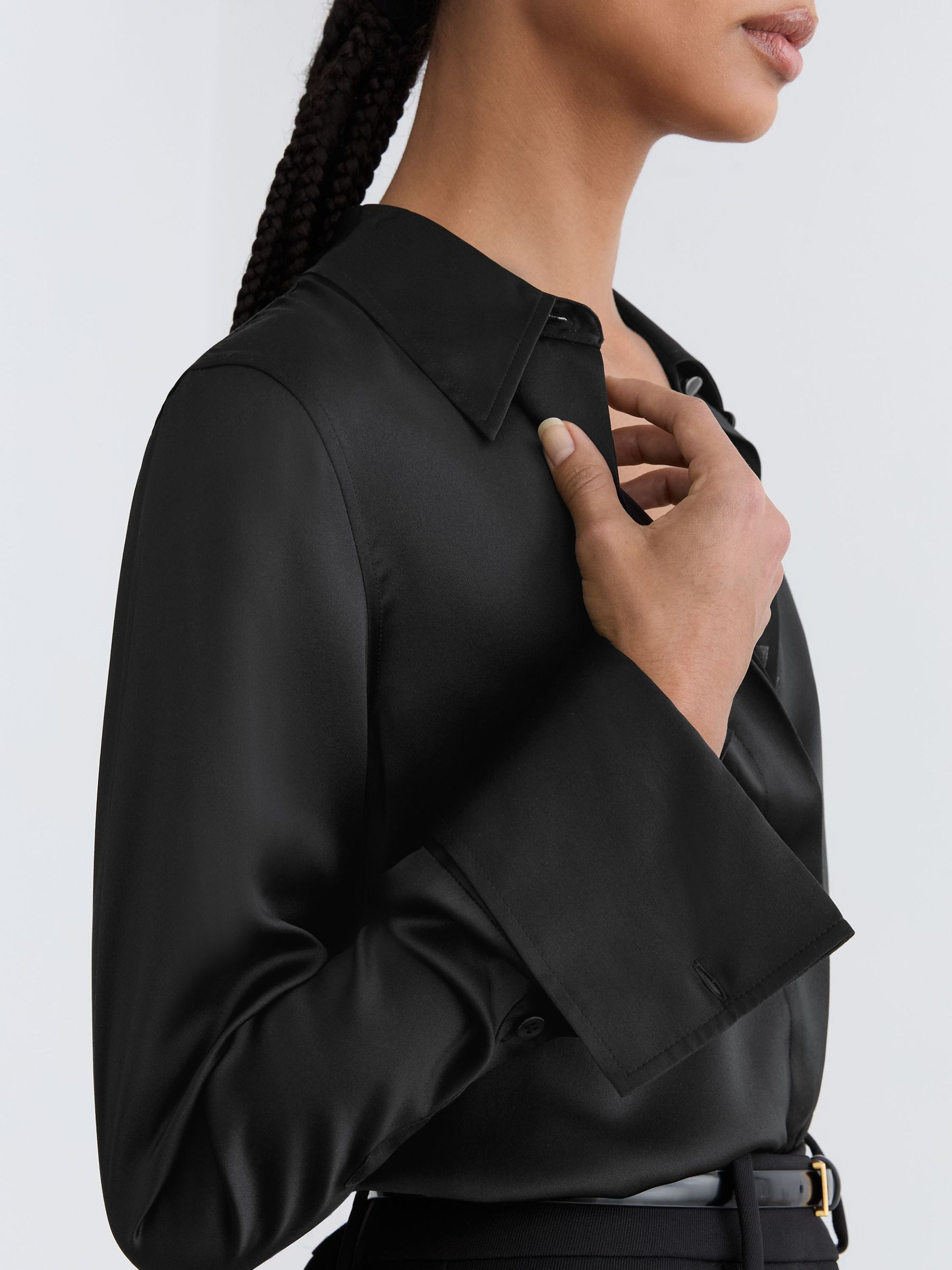 Reiss Silk-Satin Concealed-Placket Shirt in Black - REISS | Reiss UK