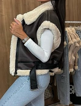 loveimgs Women Winter Sherpa Vest Faux Suede Jacket Shearling Fleece Leather Vest Sleeveless Moto... | Amazon (US)