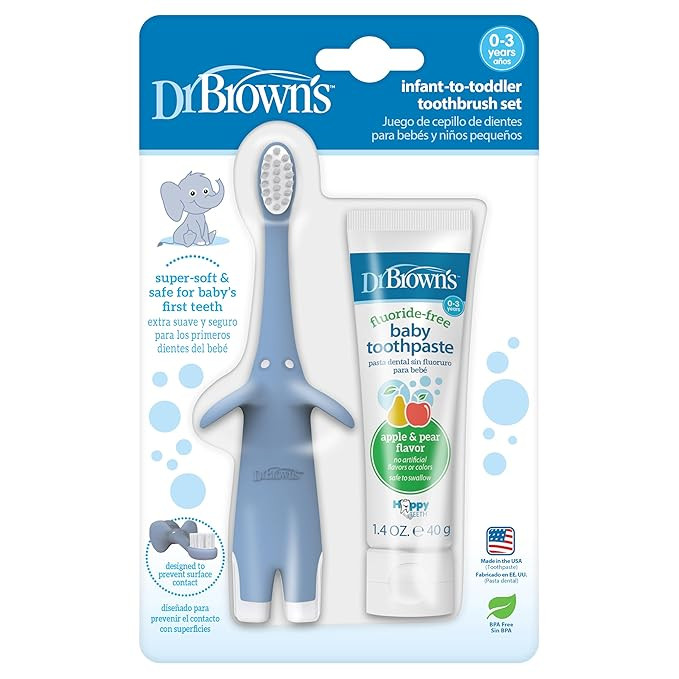 Dr. Brown's Infant-to-Toddler Training Toothbrush Set, Blue Elephant with Fluoride-Free Apple Pea... | Amazon (US)
