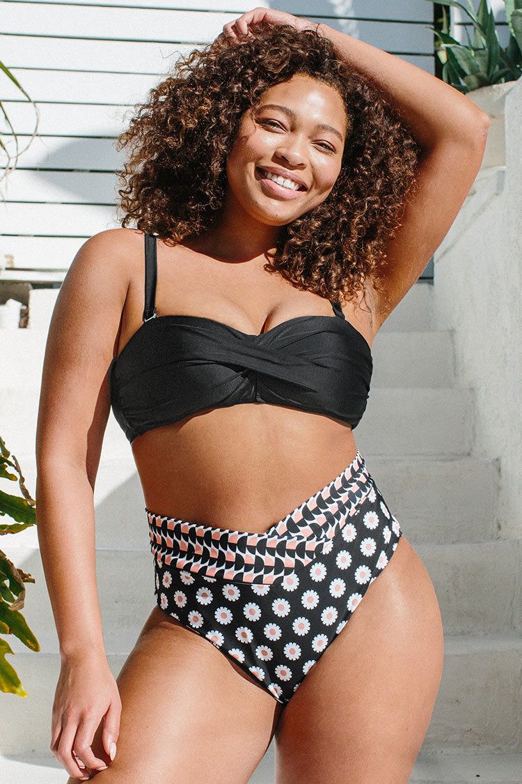 Soleil Geo Twist Front Bandeau And High Waist Plus Size Set | Cupshe