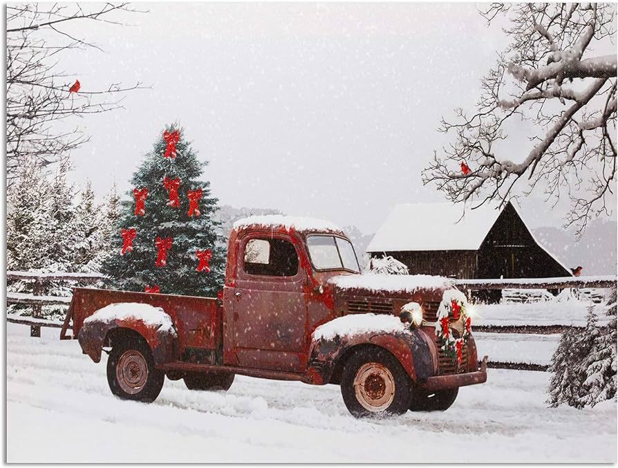 BANBERRY DESIGNS Lighted Vintage Red Truck Canvas Wall Art - LED Picture with Christmas Tree and ... | Amazon (US)