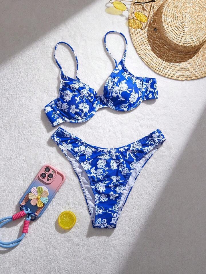SHEIN Swim Mod Women's Angel & Flower Printed Two-Piece Swimsuit Set | SHEIN