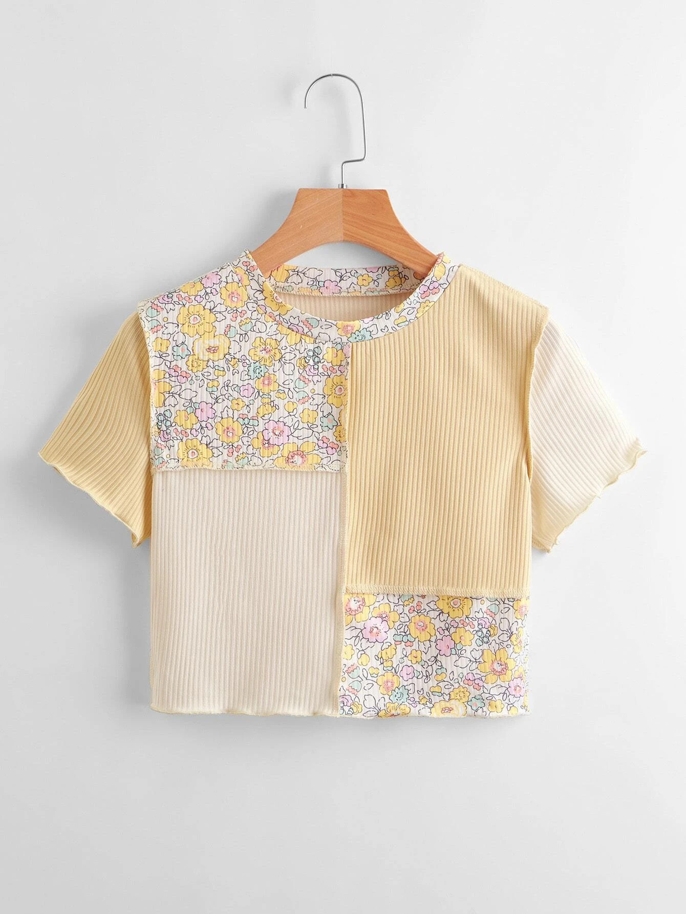 Stitching Trim Contrast Ditsy Floral Ribbed Tee | ROMWE