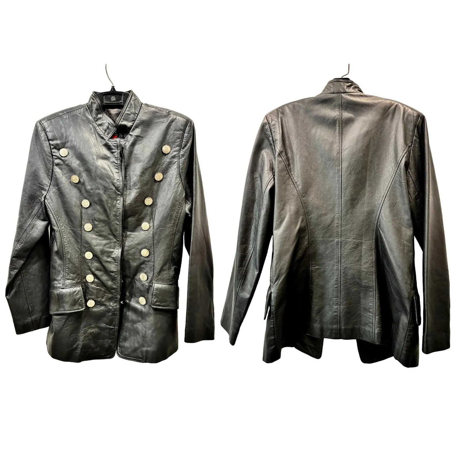 Vintage 90s Black Leather Military Style Jacket With Silver Buttons Power Chic - Etsy Canada | Etsy (US)