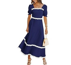 BTFBM Women's 2024 Summer Square Neck Short Puff Sleeve Dress Casual RIC Rac Tie Back Smocked A L... | Amazon (US)
