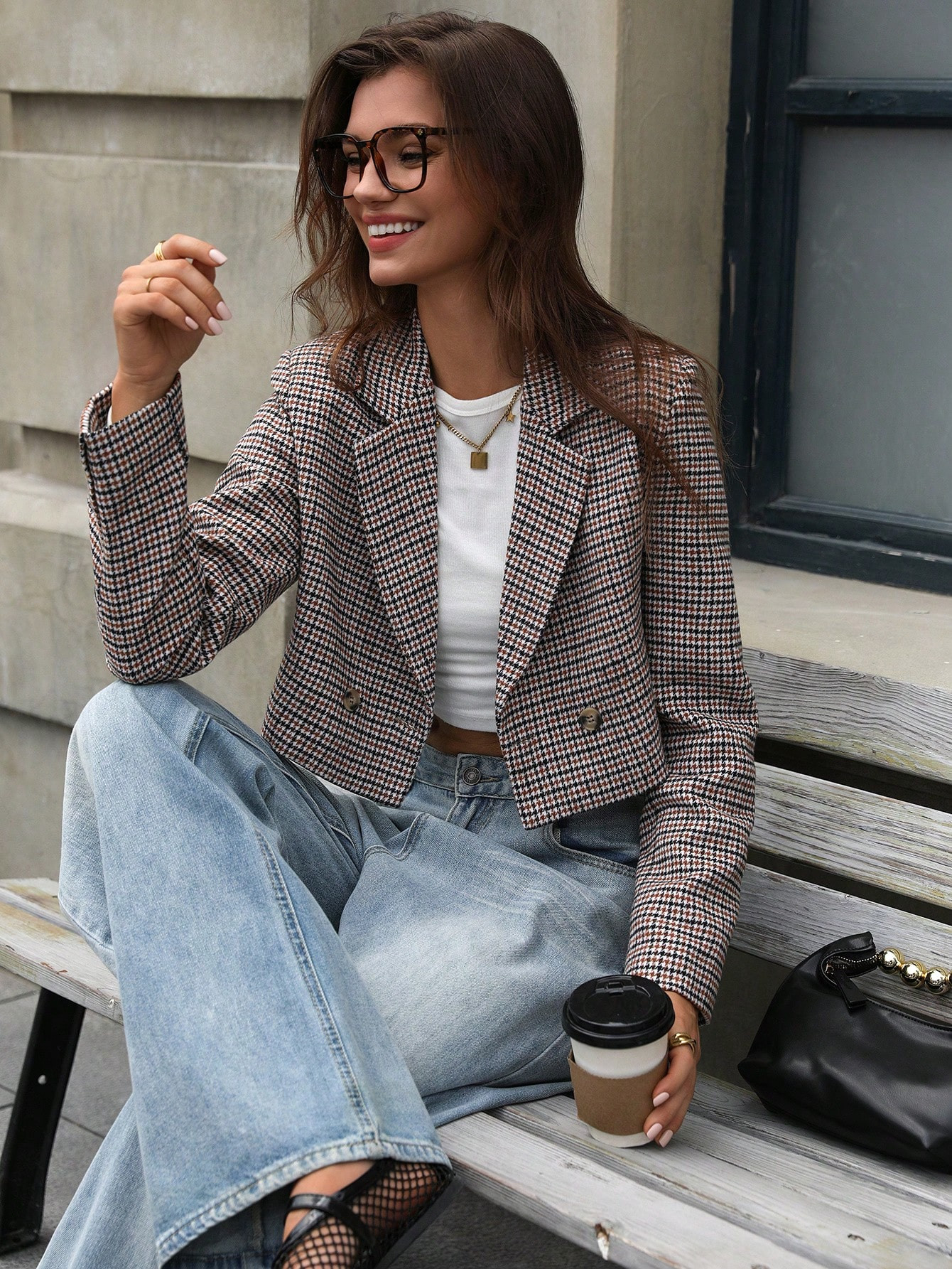 SHEIN Modichic Random Vintage Houndstooth Double Breasted Notched Lapel Short Business Casual Sui... | SHEIN