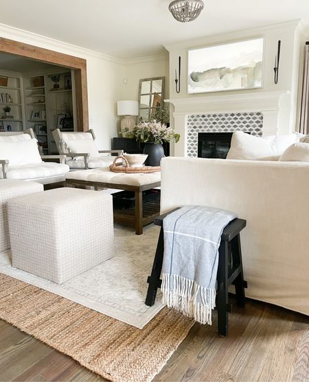 Neutral living room, jute rug, throw blanket, square ottoman, sofa, neutral sofa, transitional living room, home decor 

#LTKhome #LTKstyletip #LTKFind