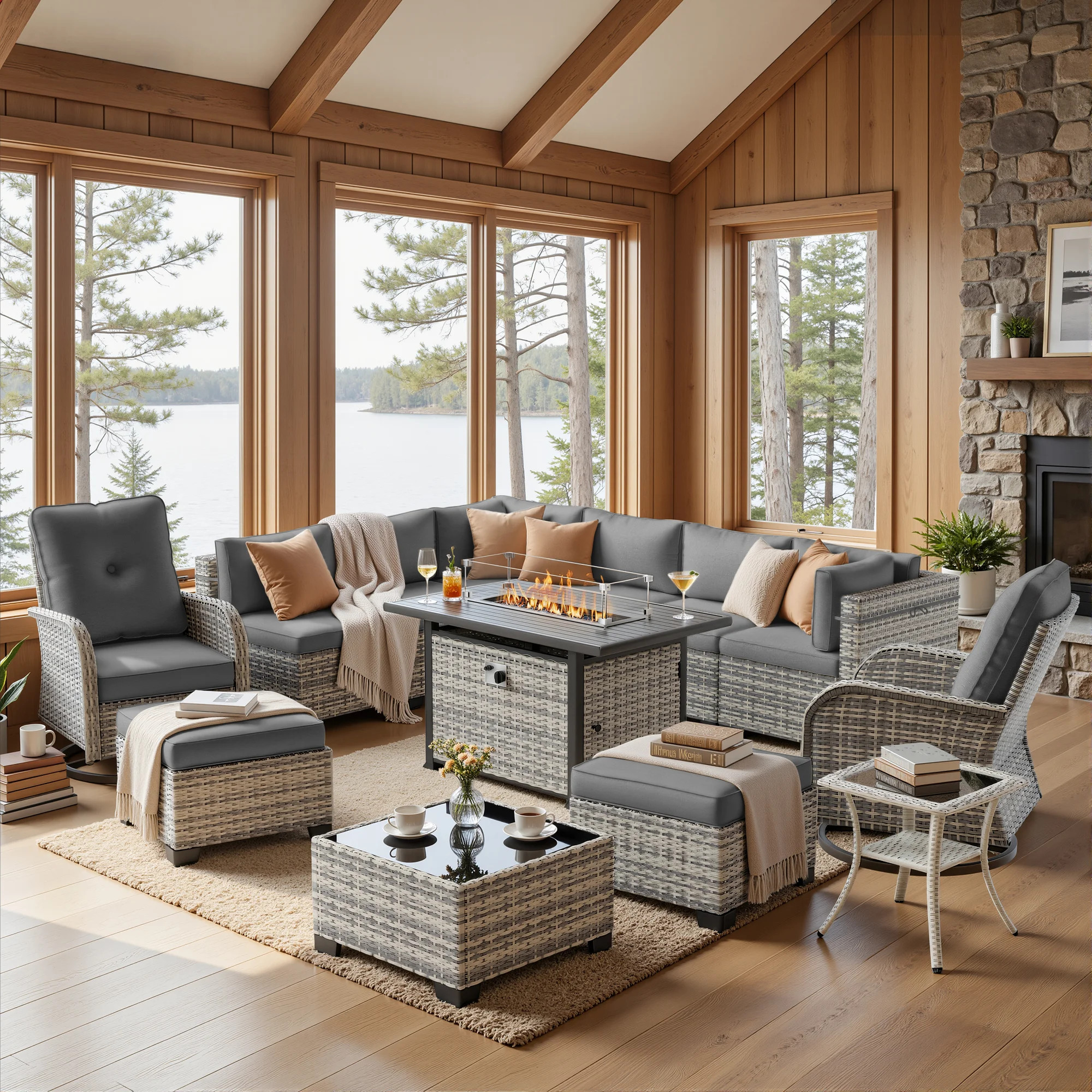 13-Piece Wicker Patio Conversation Set With Fire Pit Table, Modular Sectional, Swivel Rocker Chairs & Ottomans | Wayfair North America