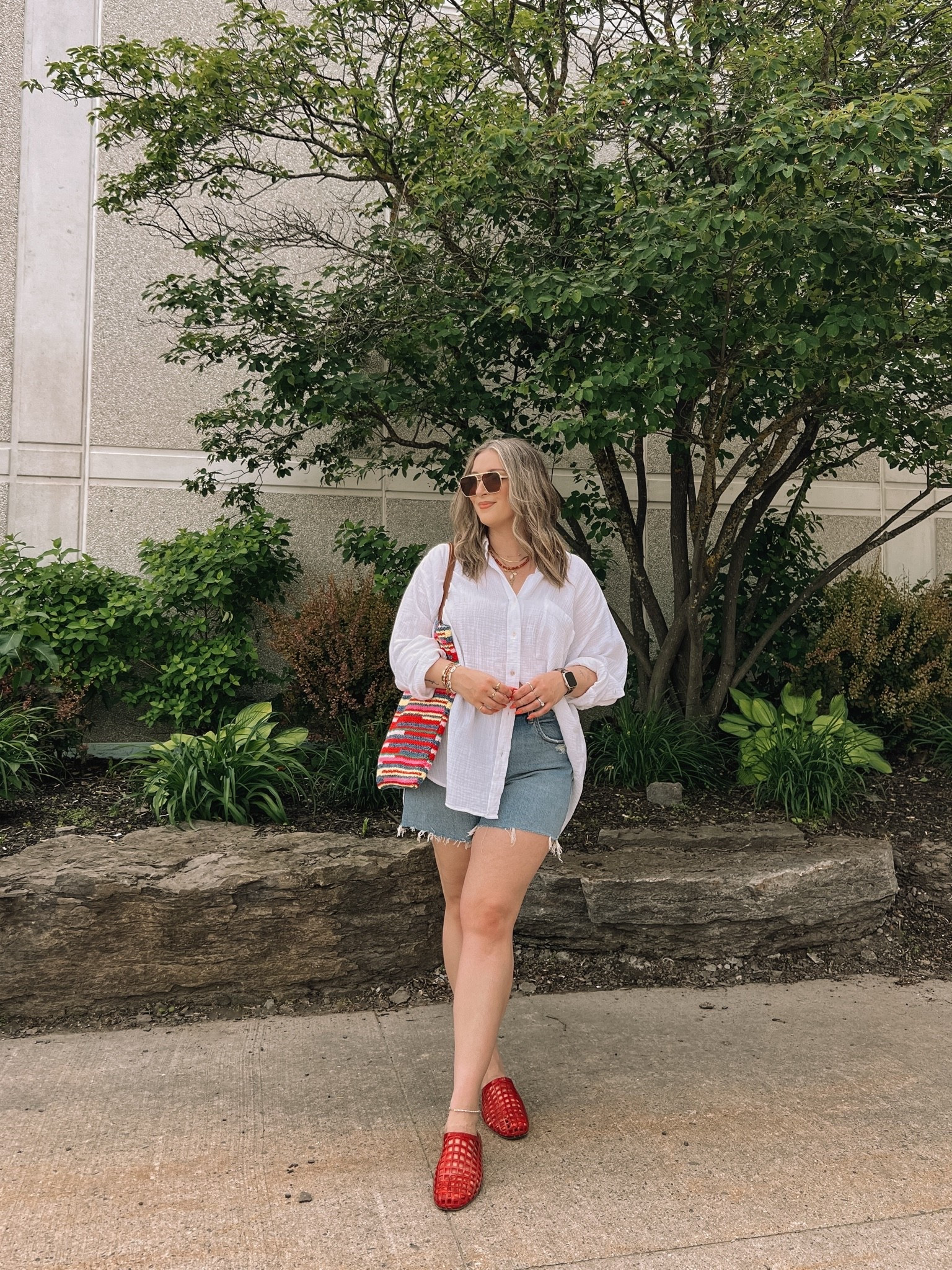 Easy summer outfit! Wearing my usual size L in the white button up shirt, sized up to 32 in the denim shorts. Jelly shoes are quite comfy, I’m a 9.5-10 shoe and wear a 10. Canadian shoe and bag links are under “similar products”

#LTKsale #LTKmidsize #LTKsummer