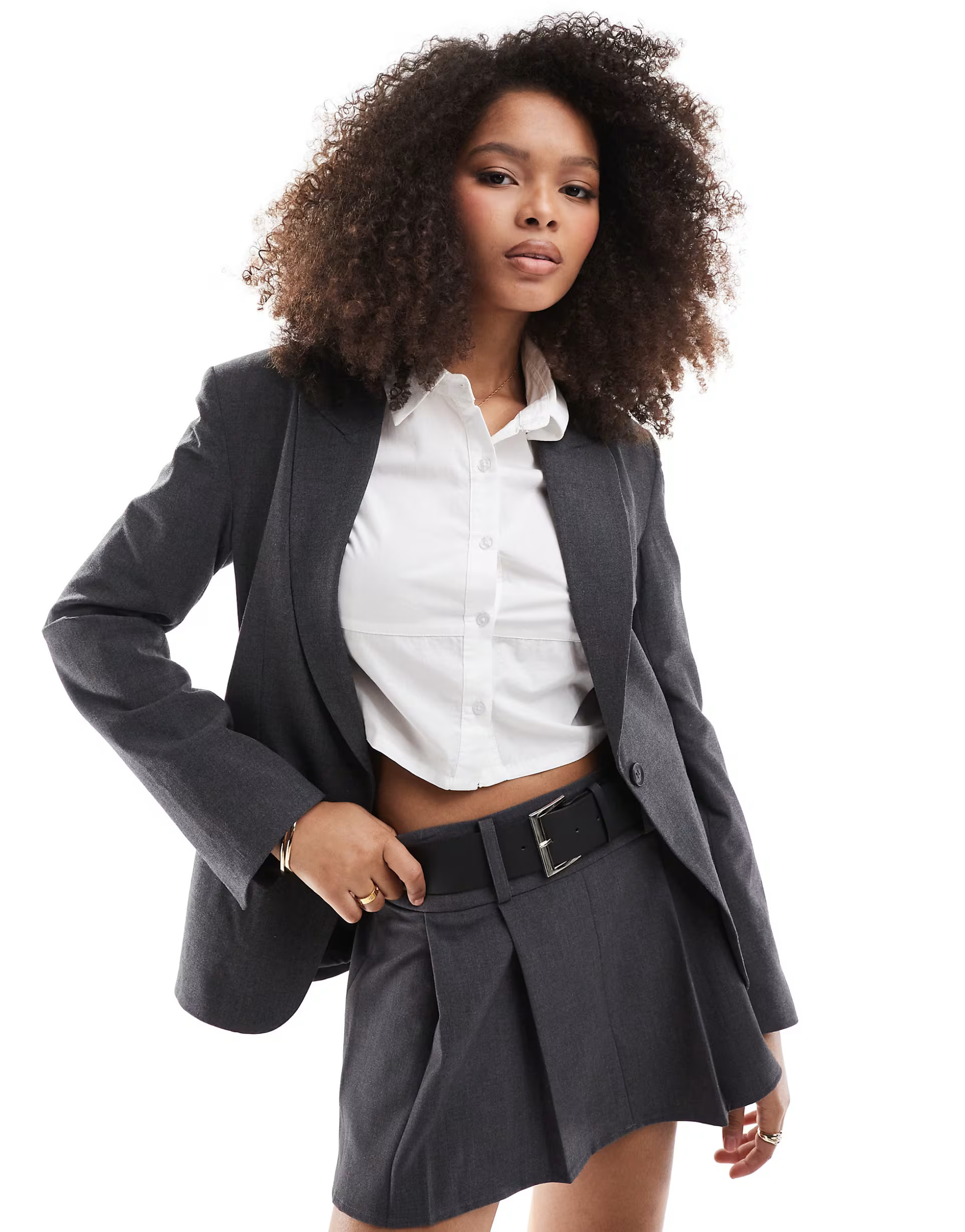 Pull&Bear cinched waist blazer in gray | ASOS (Global)