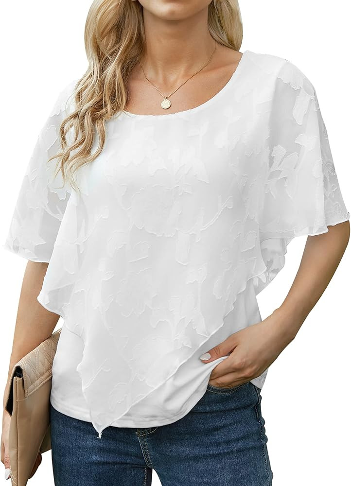 Vshemou Womens Flowy Double Layers Shortsleeve Poncho Shirt | Amazon (US)