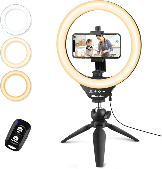 UBeesize 10" Selfie Ring Light with Tripod Stand & Cell Phone Holder, Dimmable Desktop LED Circle... | Amazon (US)