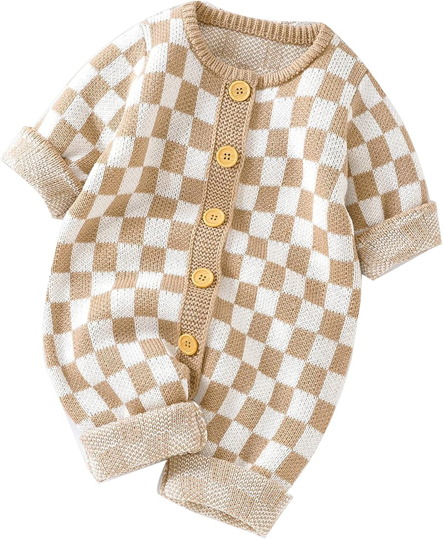 Unisex Baby Girl Boy Knitted Romper Jumpsuit Checkerboard Plaid One Piece Button Down Sweater Pla... | Amazon (US)