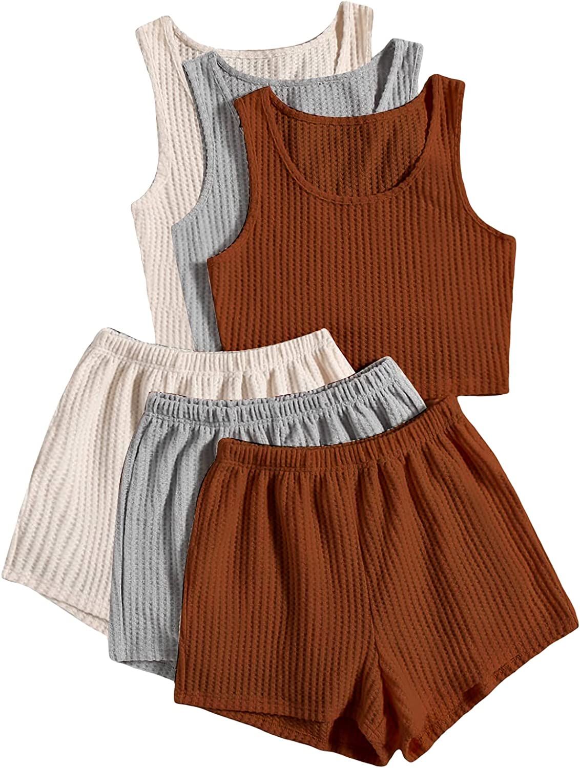 GORGLITTER Women's 6 Piece Pajama Sets Ribbed Knit Sleeveless Crop Top and Shorts Sets Longe Sets... | Amazon (US)