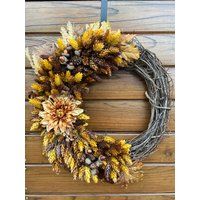 Fall Wreath For Front Door. Lush, Autumn Thanksgiving. Brown & Yellow Fall Foliage | Etsy (US)