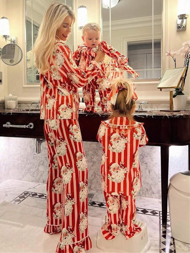 Christmas Family Matching Satin Pajama 2Pieces Set Men Women Kids Ruffle Hem Peter Pan Collar But... | SHEIN