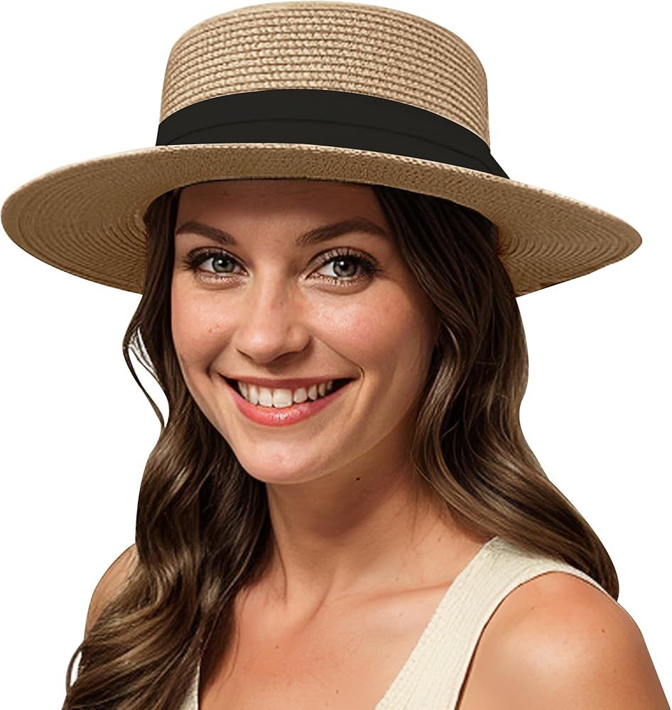 Lanzom UPF50+ Women Wide Brim Straw Panama Sun Hat Boater Summer Beach Sun Hat | Amazon (US)