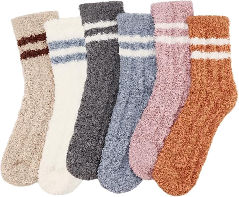 Womens Warm Fuzzy Socks Soft Cozy Fluffy Slipper Socks House Sleep Crew Socks 4/5/6 Pairs | Amazon (US)