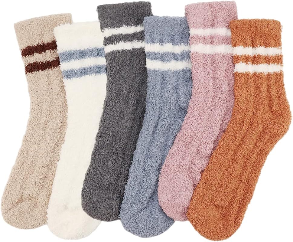 Womens Warm Fuzzy Socks Soft Cozy Fluffy Slipper Socks House Sleep Crew Socks 4/5/6 Pairs | Amazon (US)